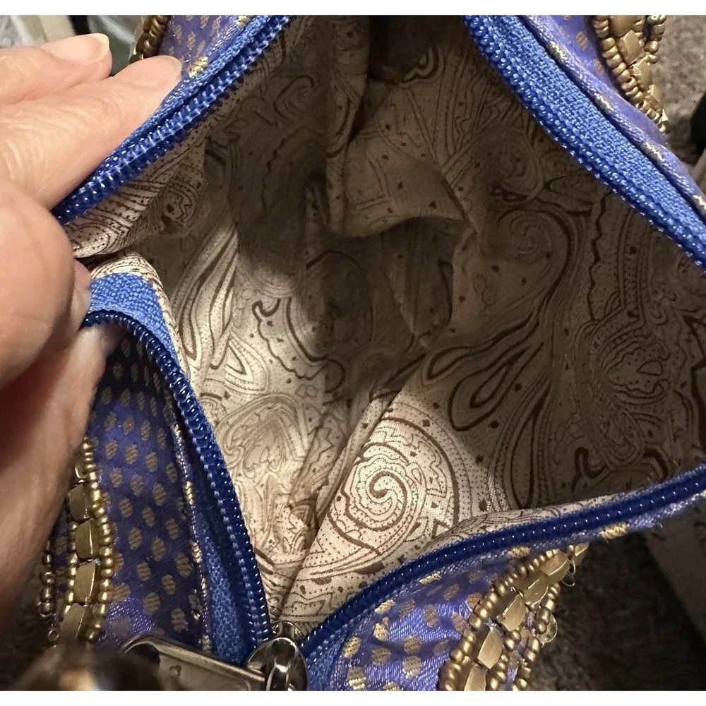 Fortune Cookie Bag Purse Wristlet Blue/Purple w/ Gold color Beads w/ Embroidery
